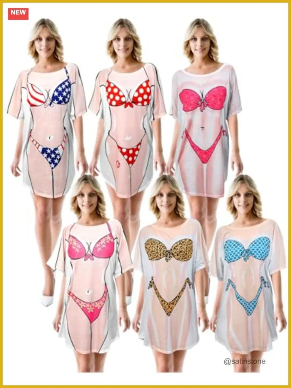 6 Pack Women's Funny Bikini Print Baggy T Shirt Dress Cover Up